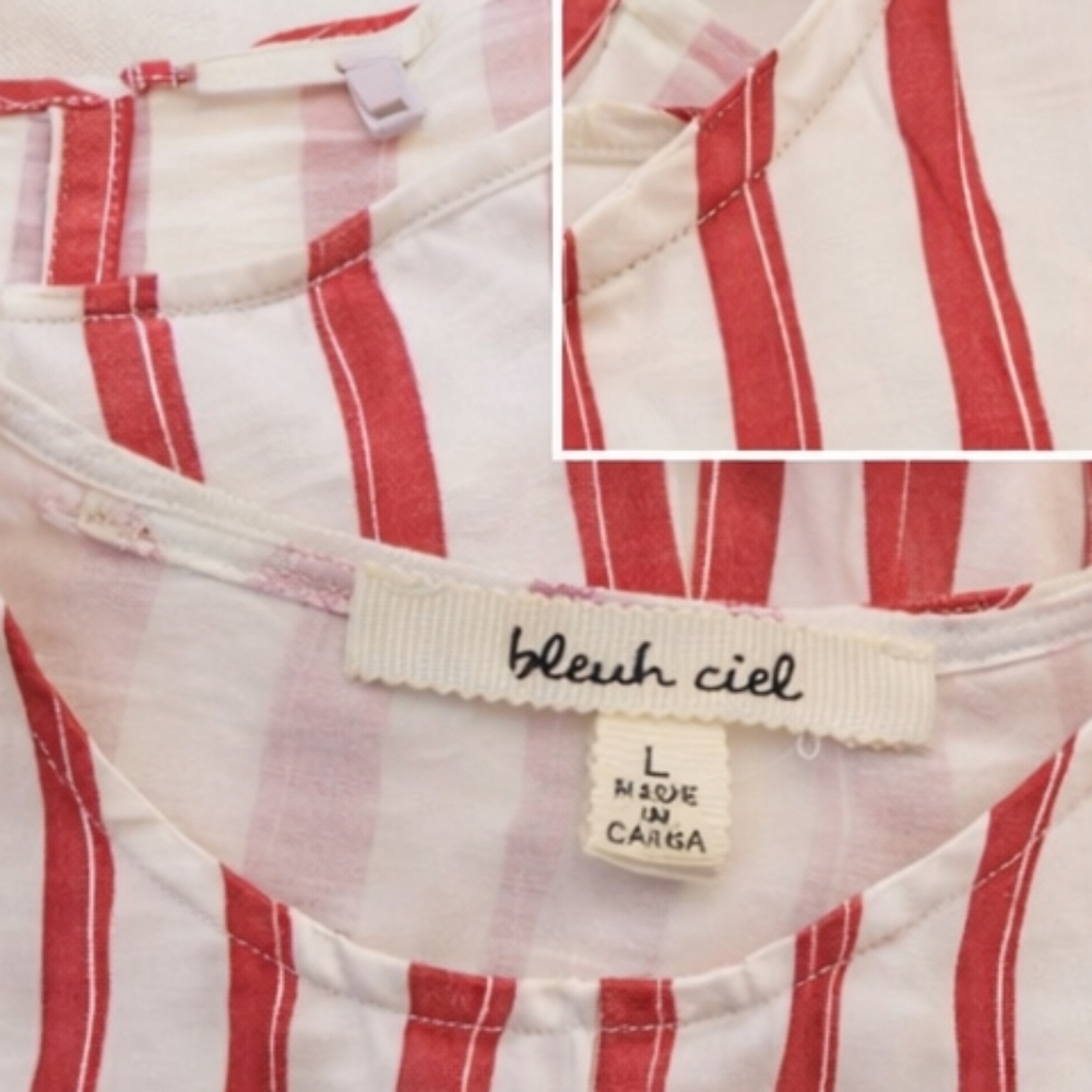 Bleuh Ciel Red & White Striped Tie-Front Blouse | Puff Sleeve | Size L - Picture 4 of 5